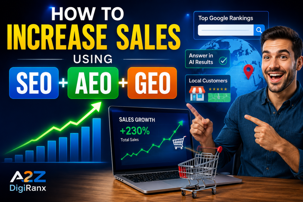 Ultra-realistic digital marketing YouTube thumbnail showing SEO, AEO, and GEO strategy for increasing sales, featuring growth charts, laptop analytics, and a person pointing at performance dashboards.