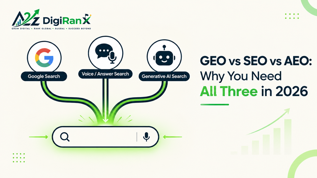 A2Z DigiRanX infographic showing SEO, AEO, and GEO pathways converging into a search bar, illustrating how Google Search, voice search, and generative AI search work together in 2026.